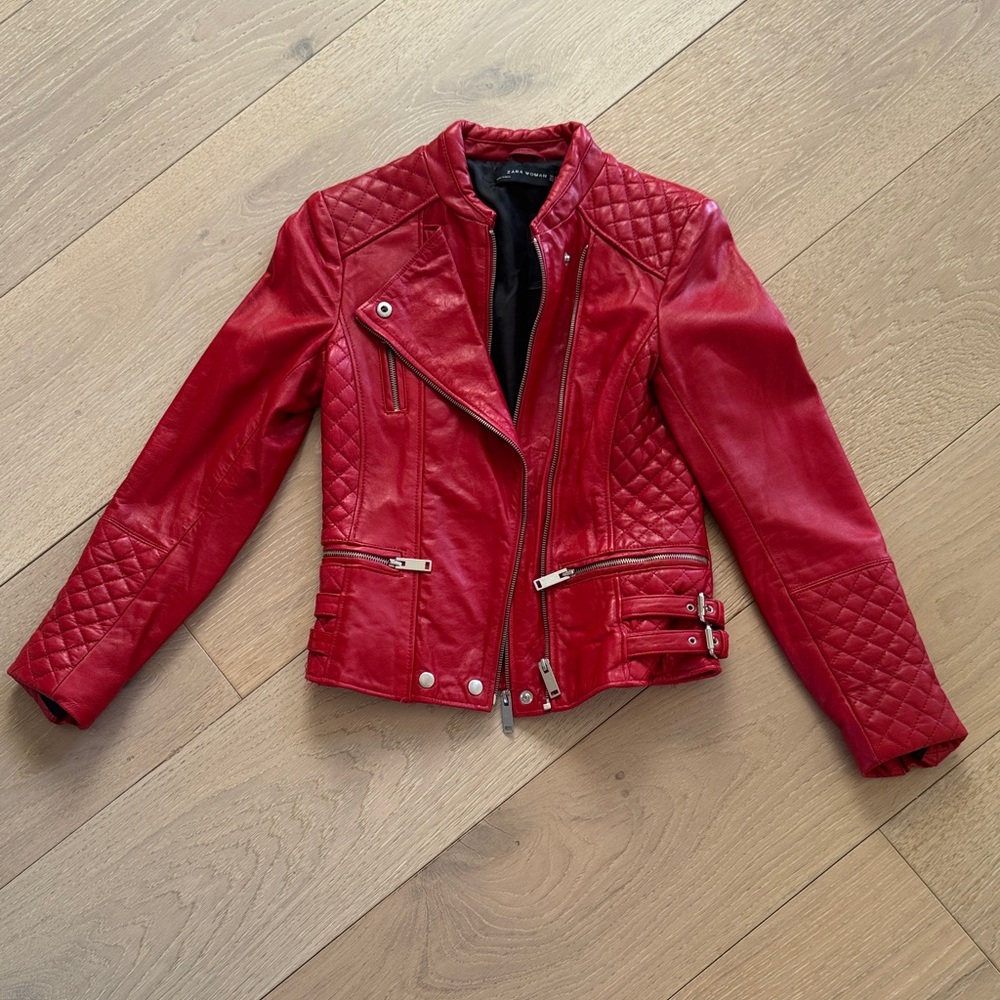Zara Red Quilted Moto Leather Jacket